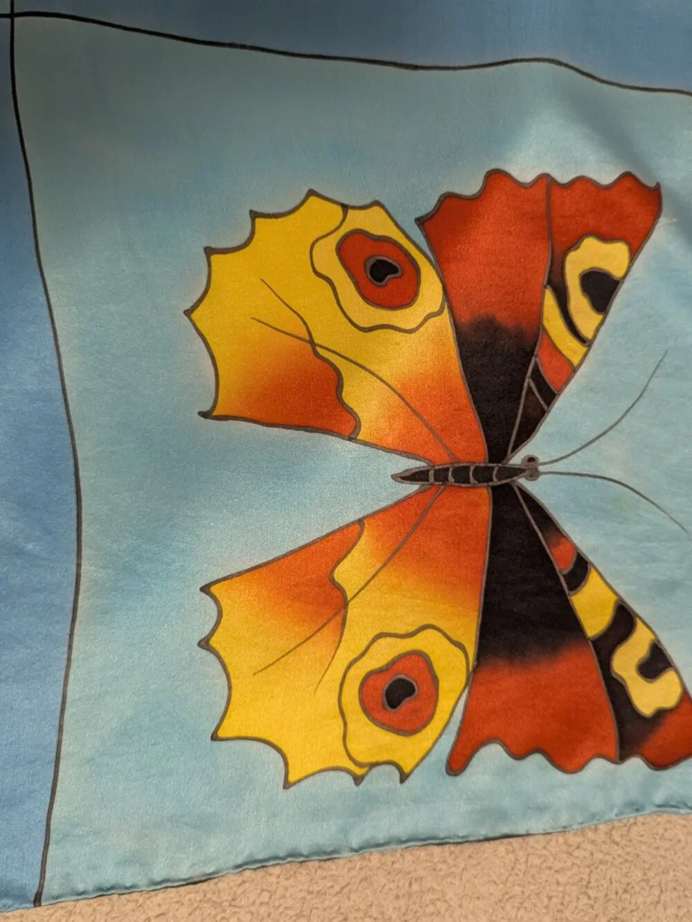 Vintage Hand Painted Silk Scarf 33x36 Abstract Butterfly Fish Floral 100% Silk